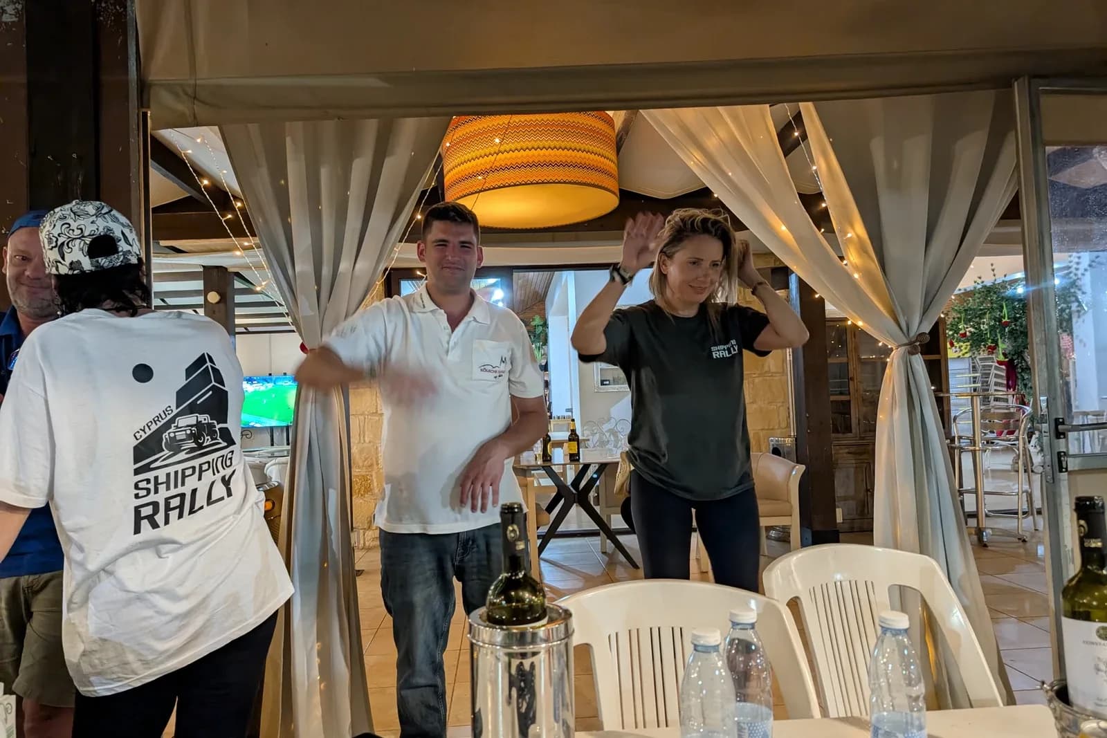 Teams celebrating at the evening party after the course